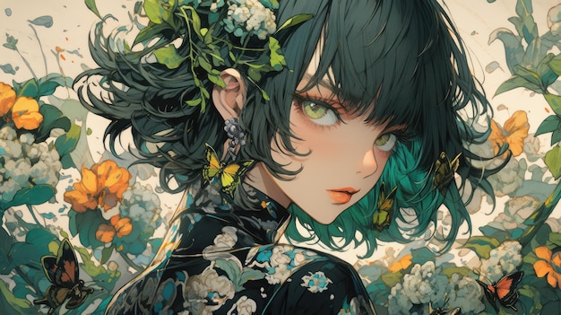 an anime and flower in green