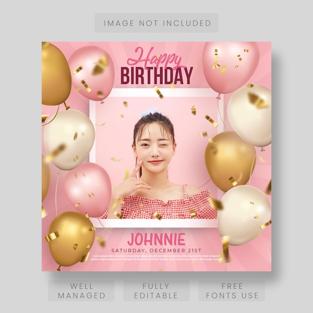 PSD beautiful happy birthday card with balloons and photo frame template