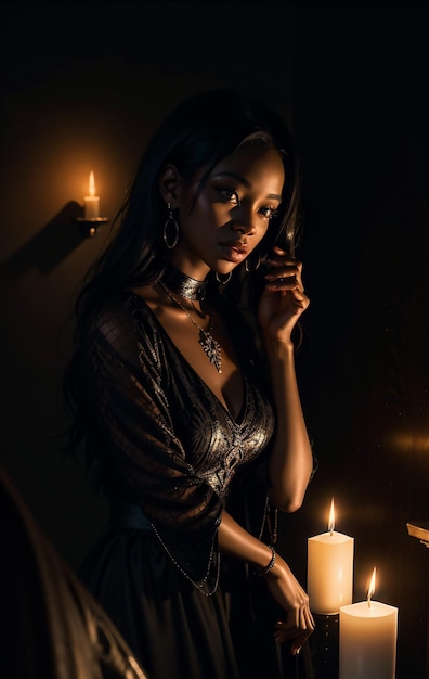 Black woman with candlelight in a vintage room Portrait of beautiful black woman