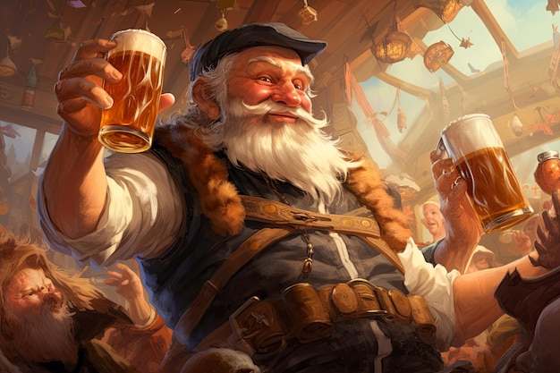 Cute illustration image of old man with beer mug in bar