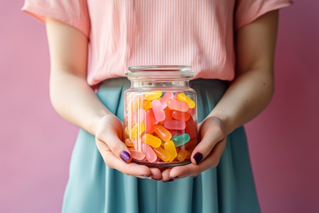 Front view hands holding jar with delicious candy