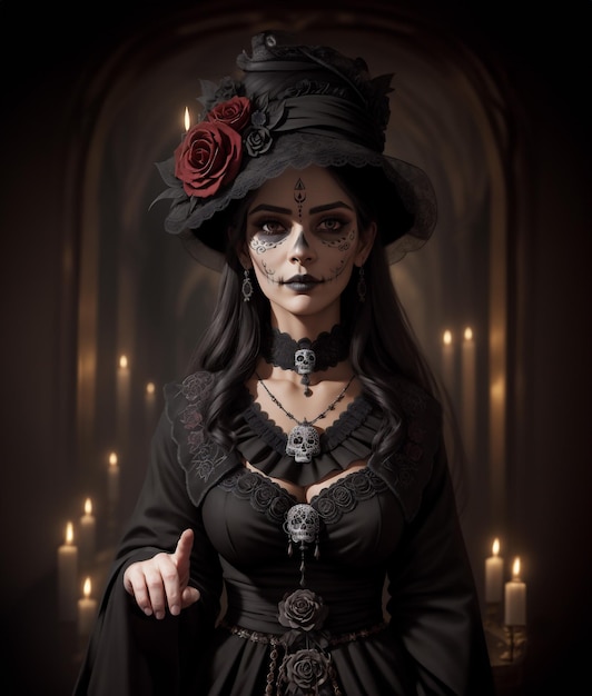 Portrait of young woman with sugar skull makeup and red roses dressed in black costume of death