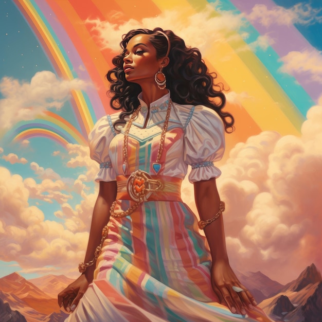 a poster for a woman with a rainbow in the background.